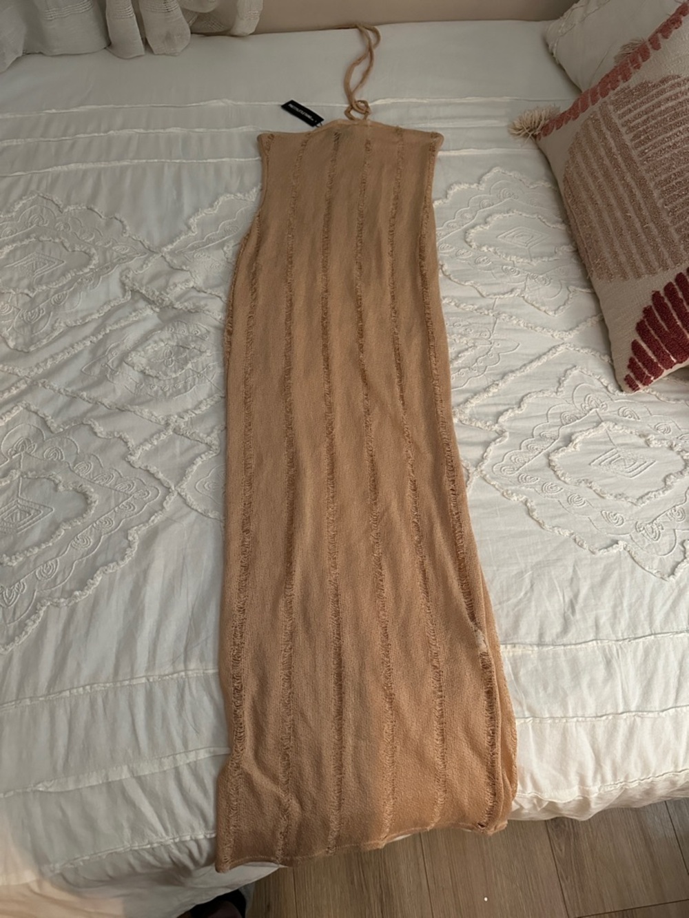 PrettyLittleThing Beige Striped Knit Halter Maxi Dress